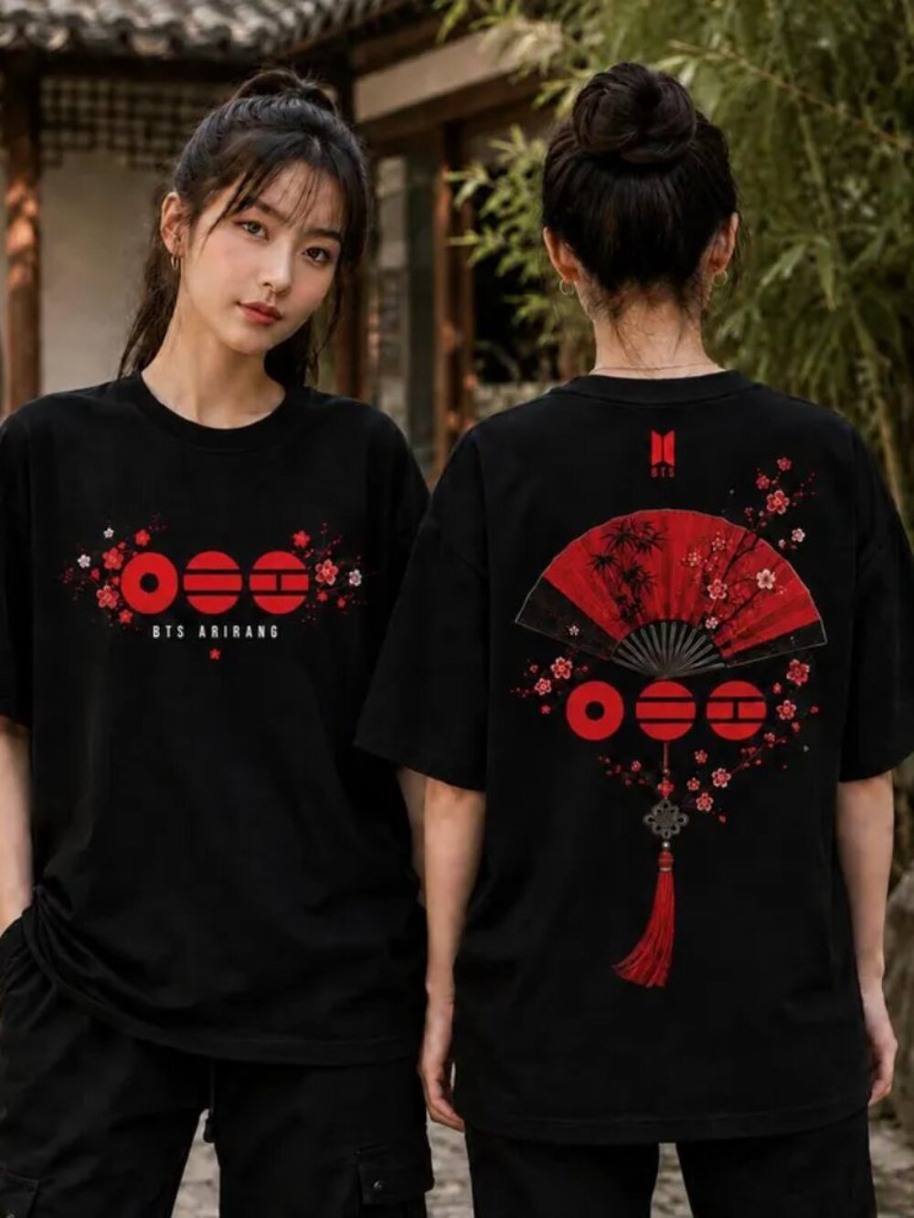 BTS Arirang Bamboo Folding Fan Shirt, Two Sided Cherry Blossom Graphic Tee